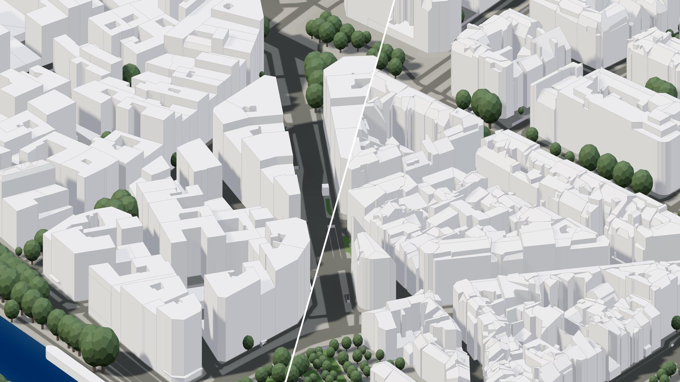 Split comparison: global buildings on the left, premium 3D buildings with real roof shapes on the right