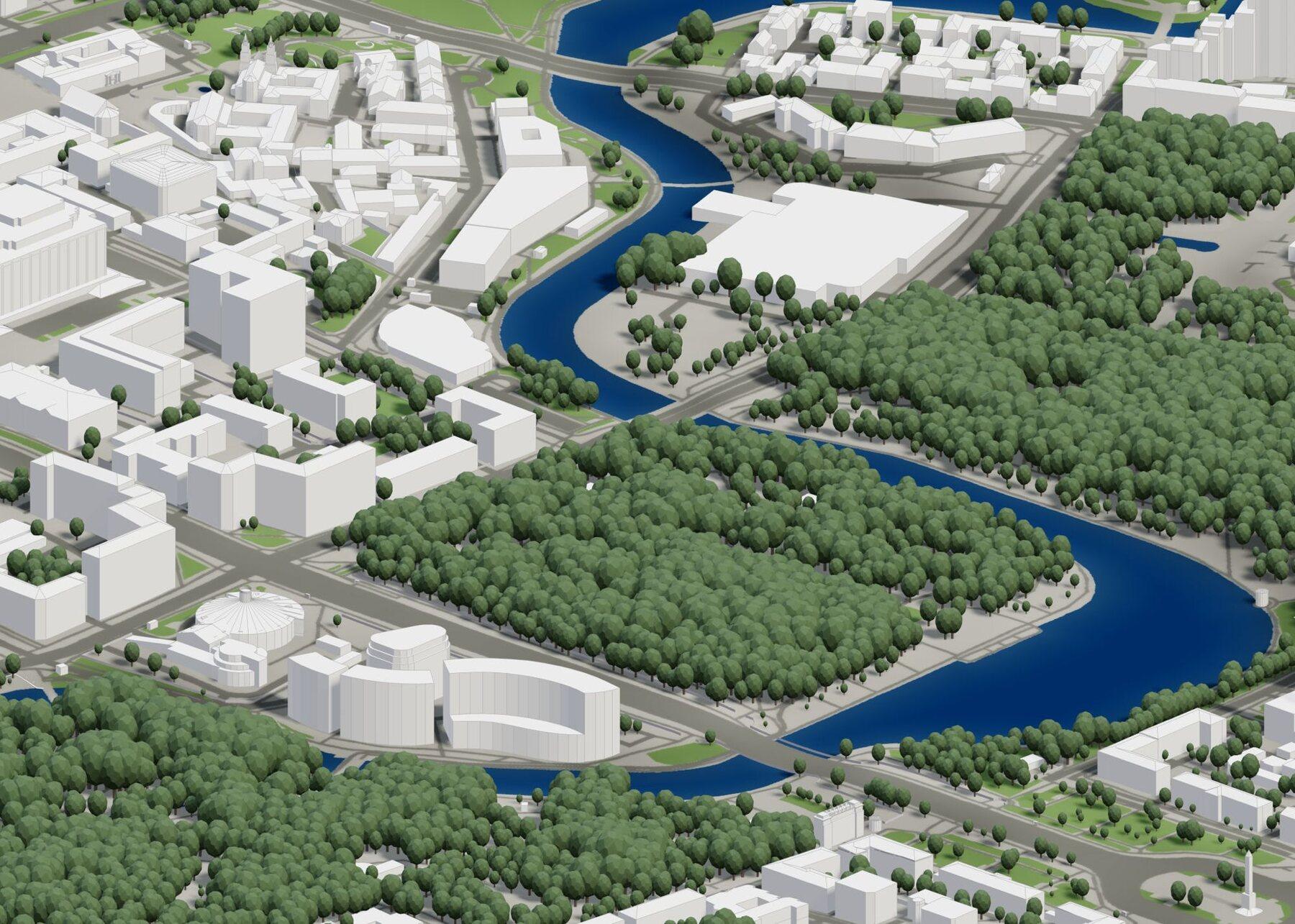 3D city model with individually placed trees lining a river